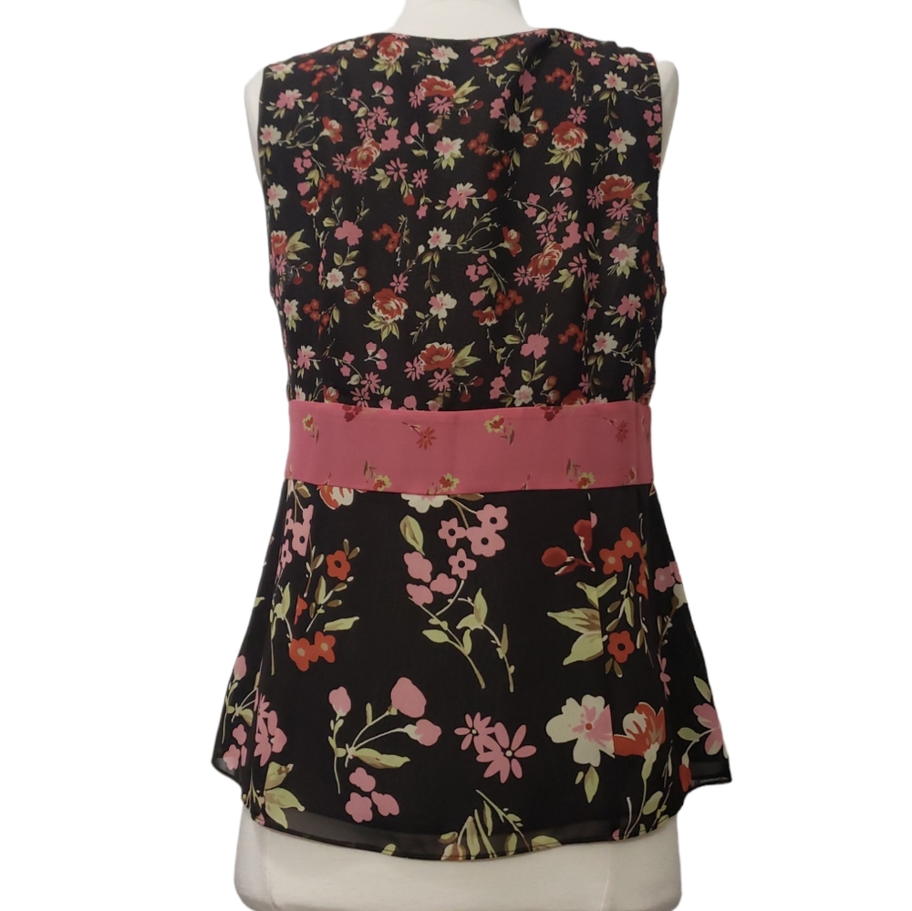 LOFT V-neck Fit & Flare Sleeveless Blouse Brown Pink Floral Empire Waist Boho - Picture 2 of 9